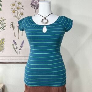 Vintage 90s Y2k Blue Striped Keyhole Top SoCal Indie Coastal Grandma Cowgirl S